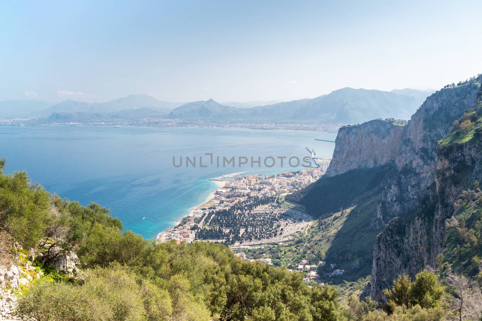 Panoramic view on the sea with cityscape from statue of Santa Rosalia on Monte Pellegrino on a beautiful sunny day in Palermo, Sicily. by tamas_gabor