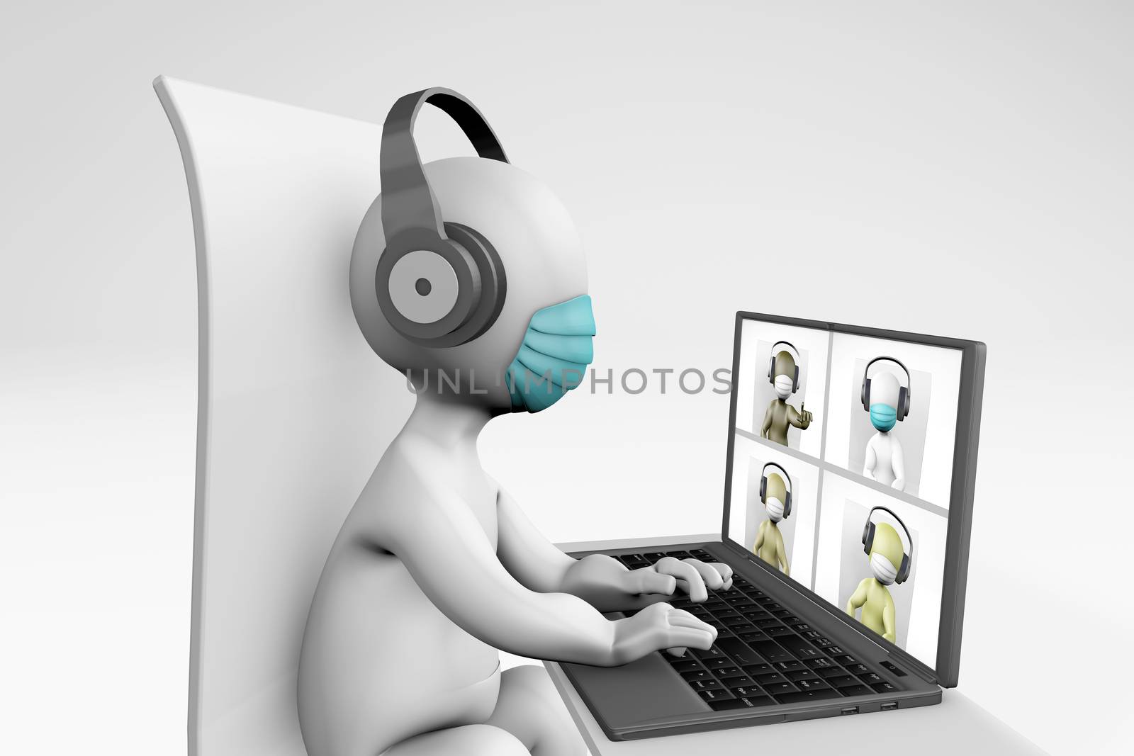 Fatty man with a mask working at home 3d rendering isolated on white