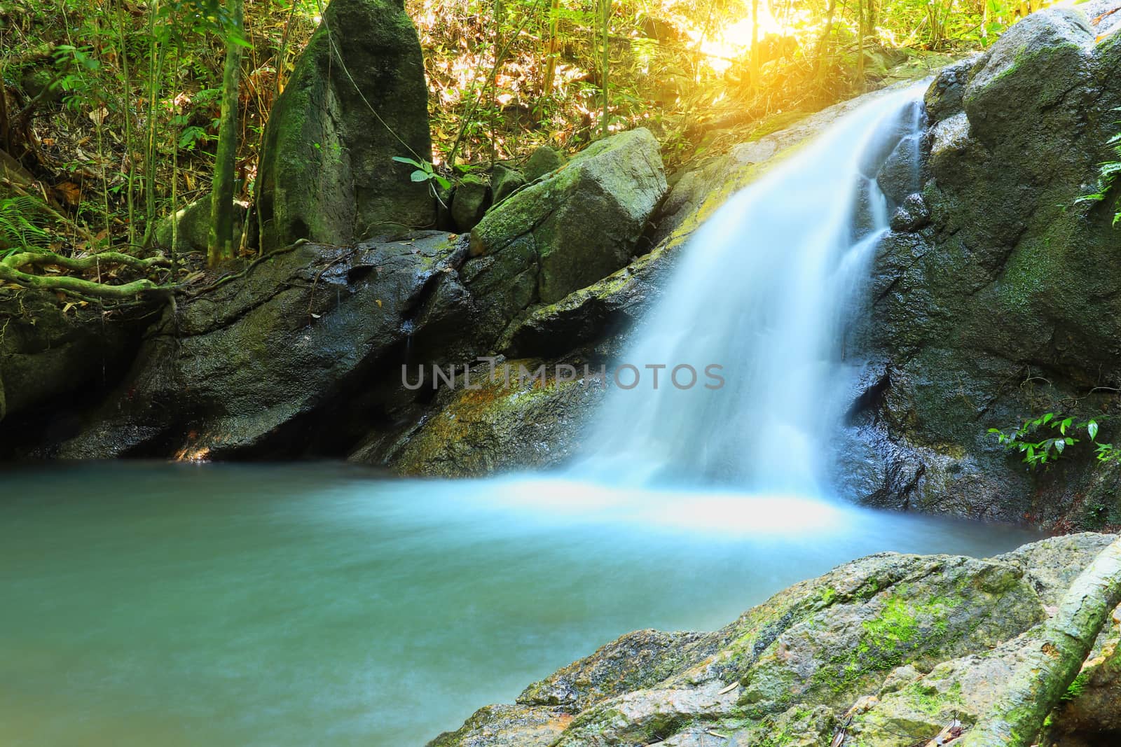 Close-up view of small waterfall flowing on stone by Khankeawsanan