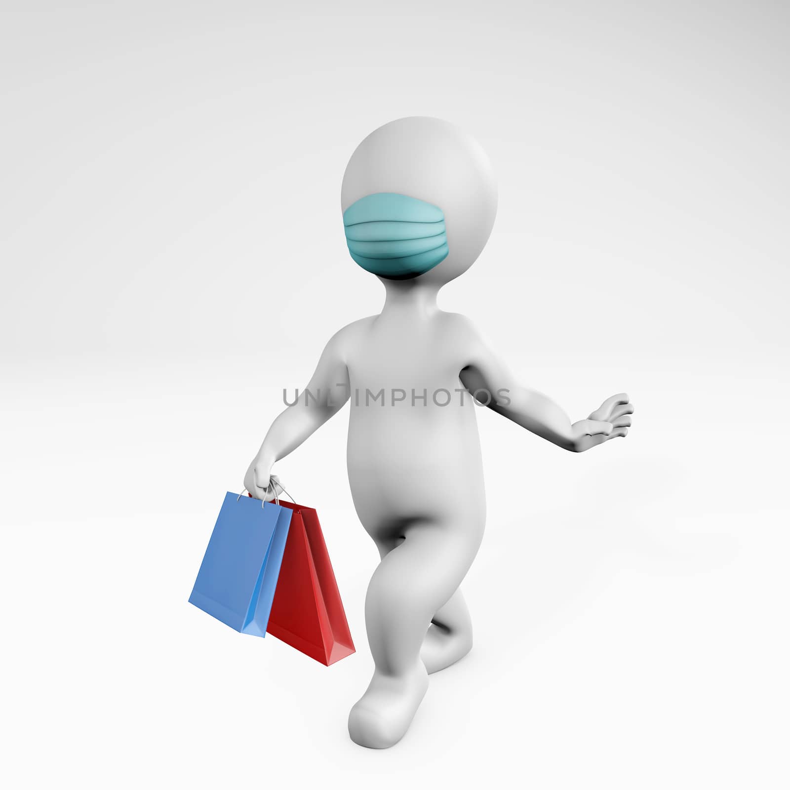 Fatty sassy woman with a mask catwalking and shopping 3d rendering isoleated on white