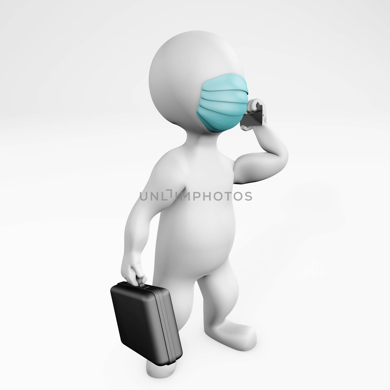 Fatty businessman with a mask talking on the phone 3d rendering isolated on white