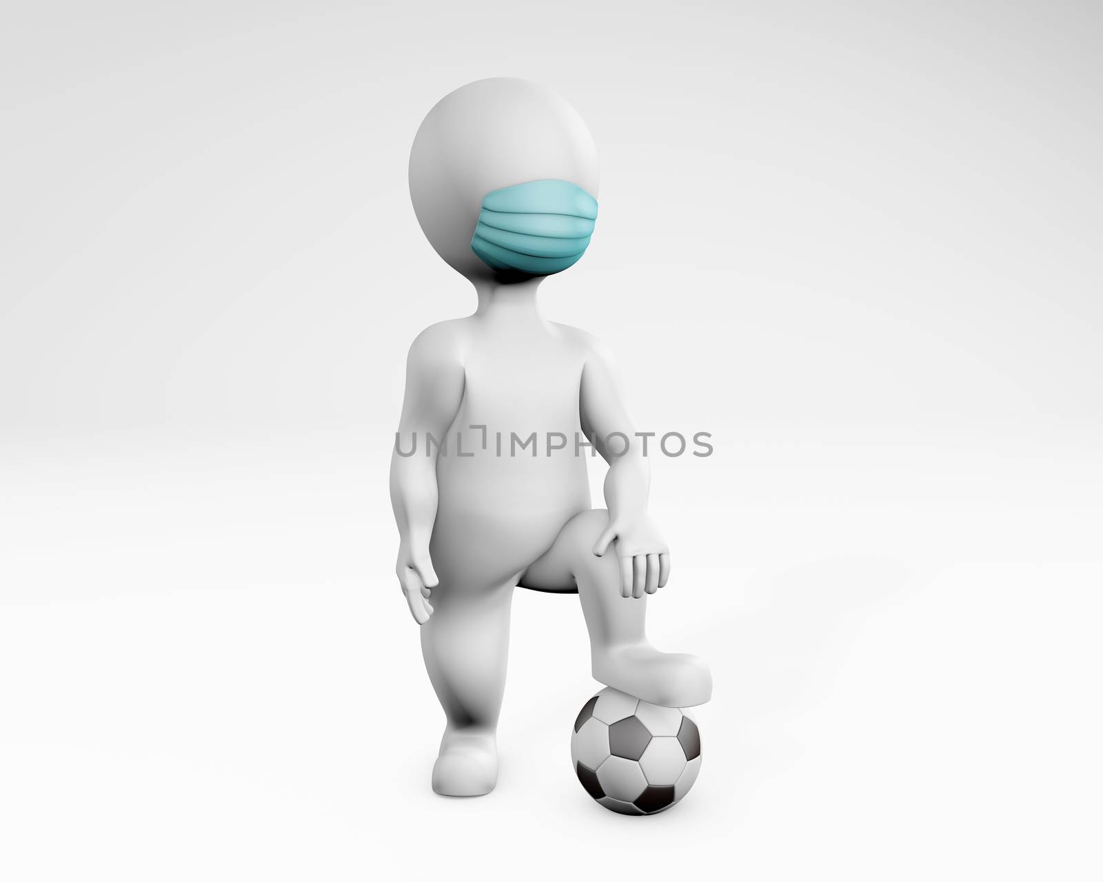Fatty man with a mask ready to play soccer football 3d rendering isolated on white