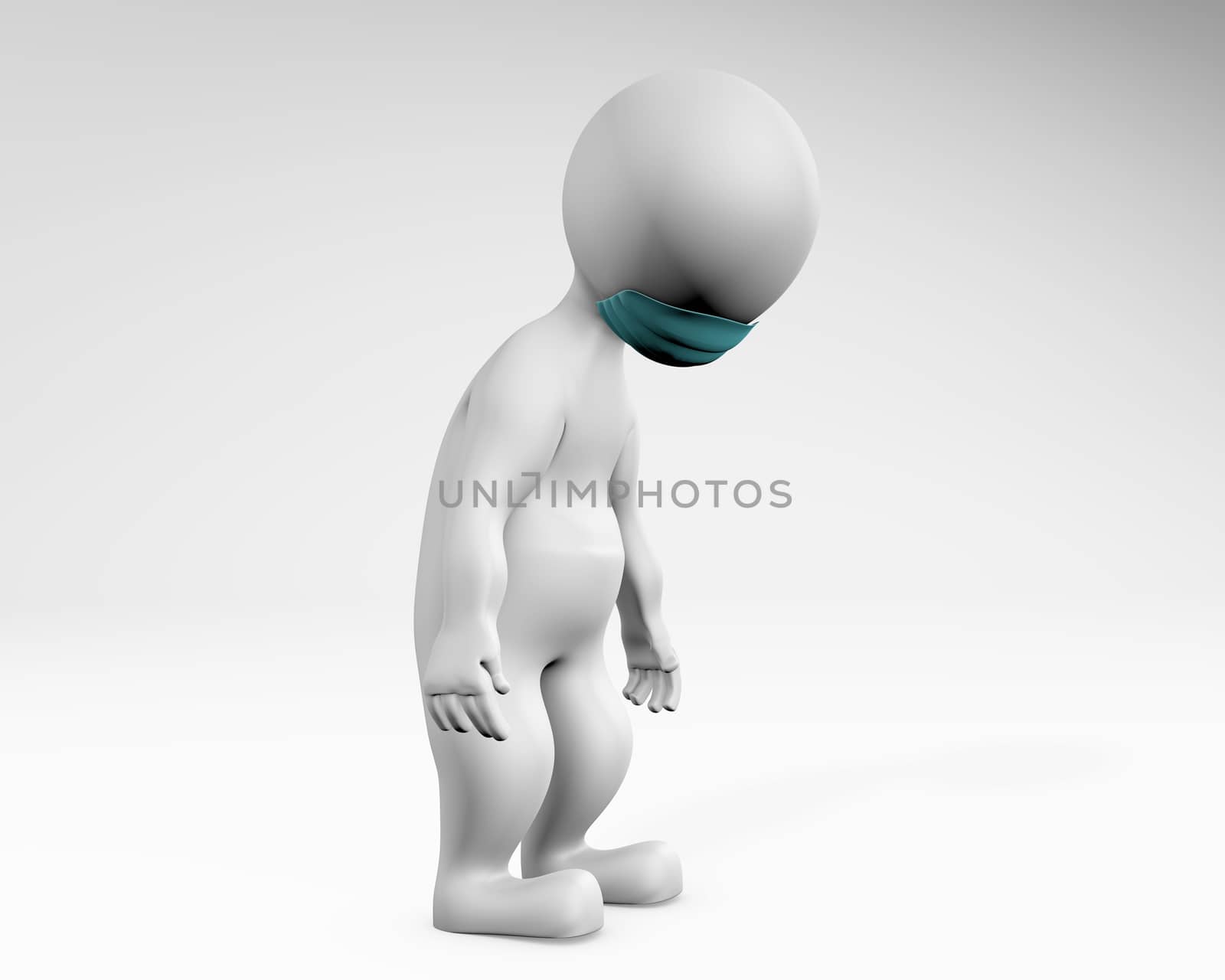 Fatty man with a mask being sad 3d rendering, isolated on white 