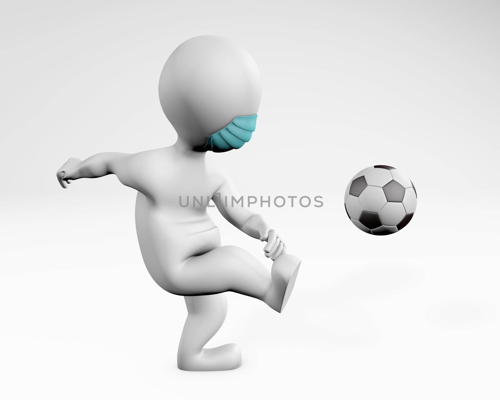 Fatty man with a mask playing soccer football 3d rendering isolated on white 