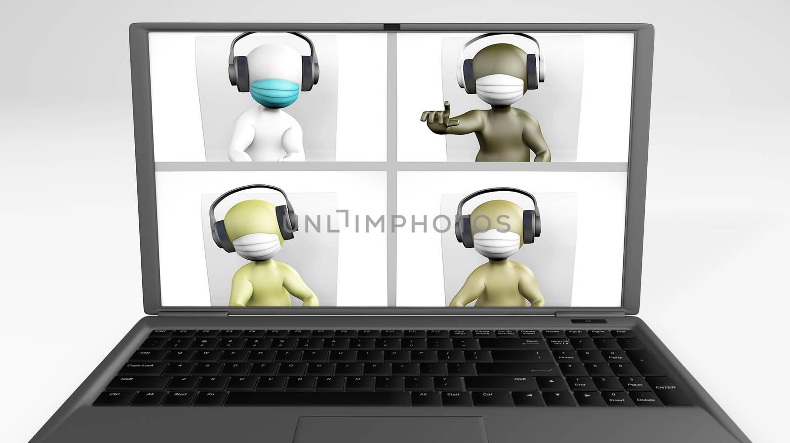 Video Call Diverse Team with Masks 3d rendering isolated on white