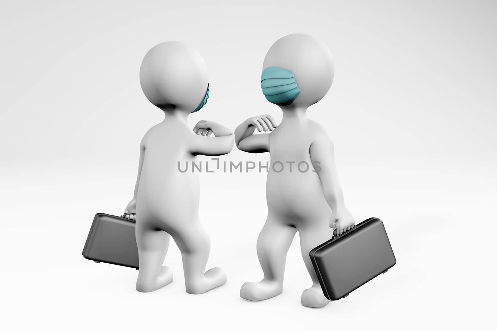 Fatty men with mask greetng with the new normal handshake 3d rendering isolated on white
