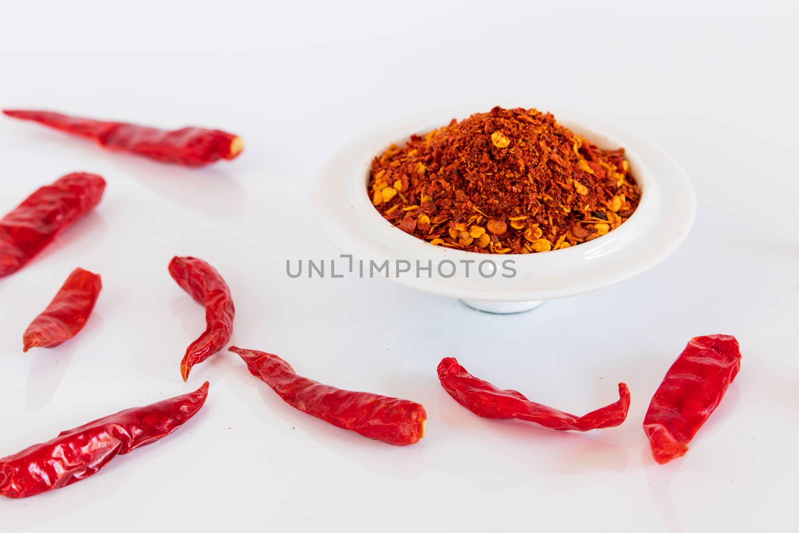 Cayenne pepper and red dried chilies on white background by Khankeawsanan