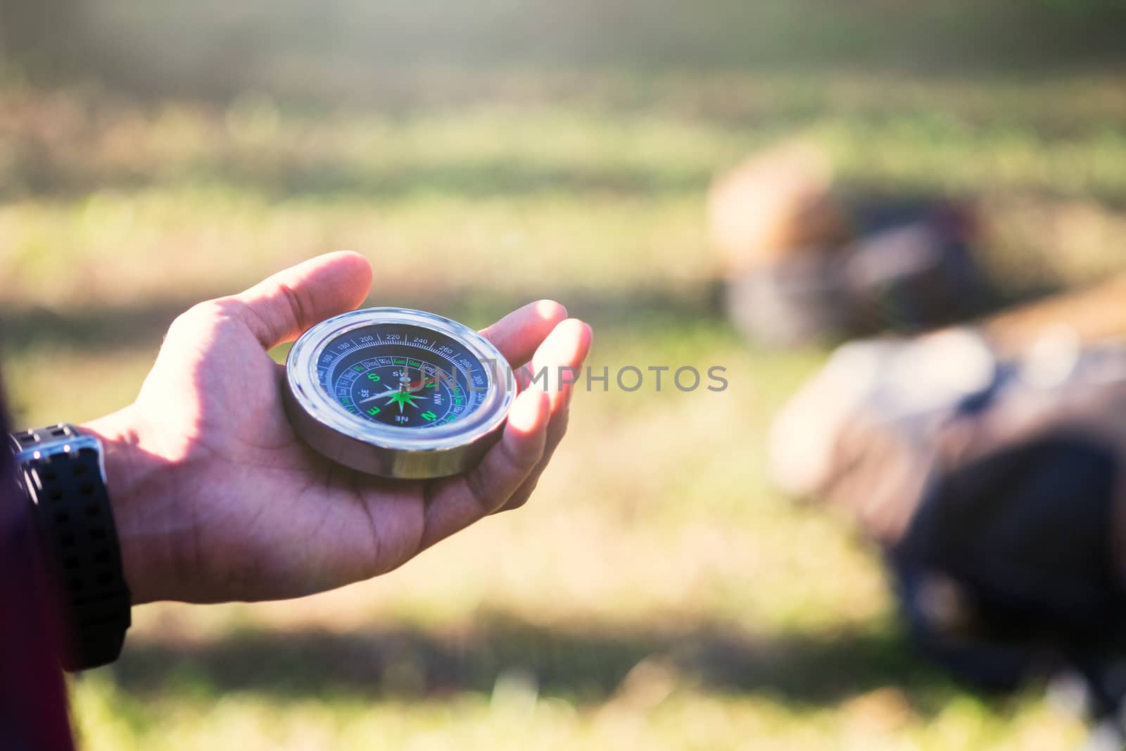 Hiker searching direction with a compass in the forest. View of hands. Point of view shot. Space for text in right left of image