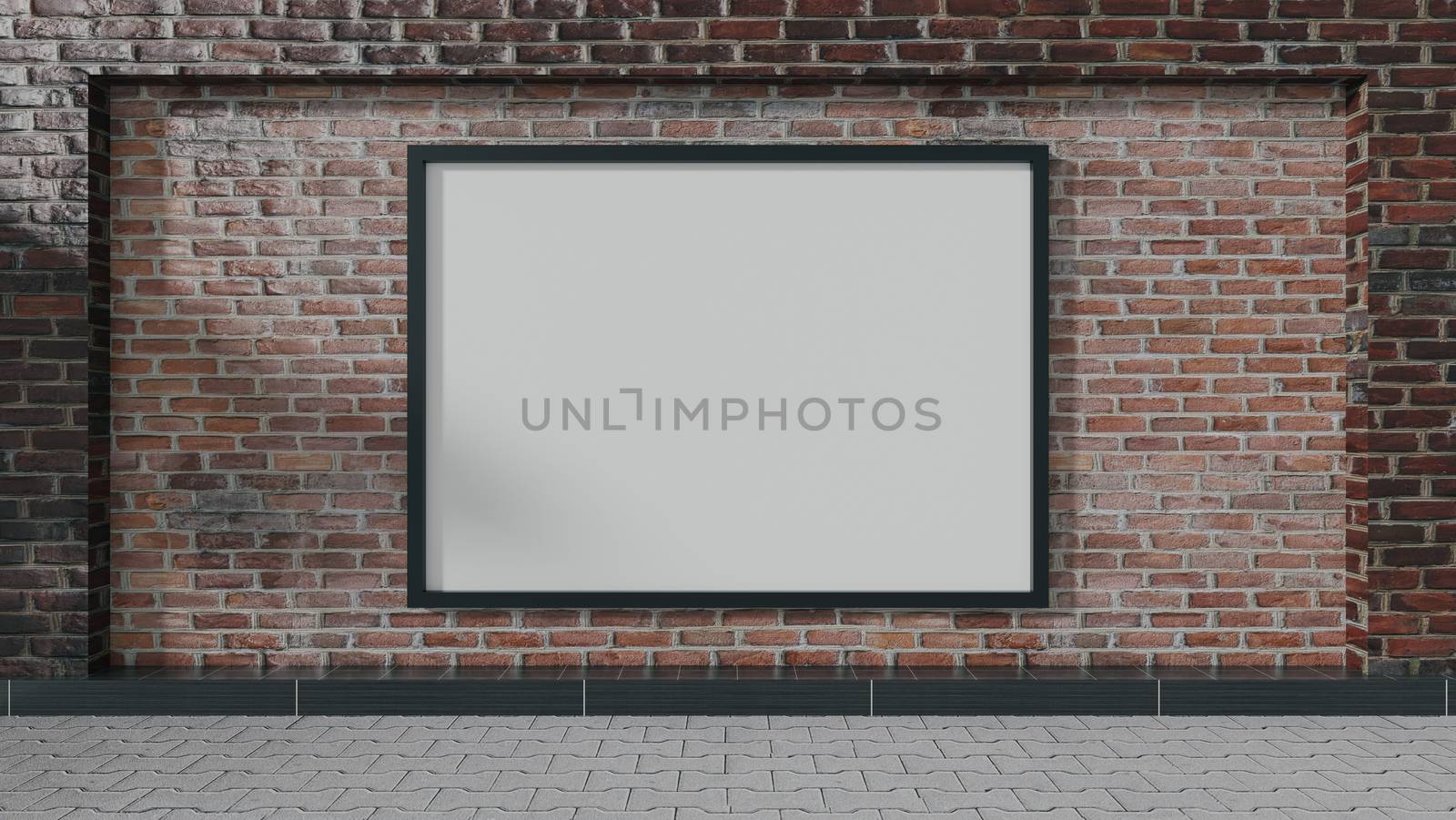 Blank street advertising billboard on the brick wall background. 3D rendering.