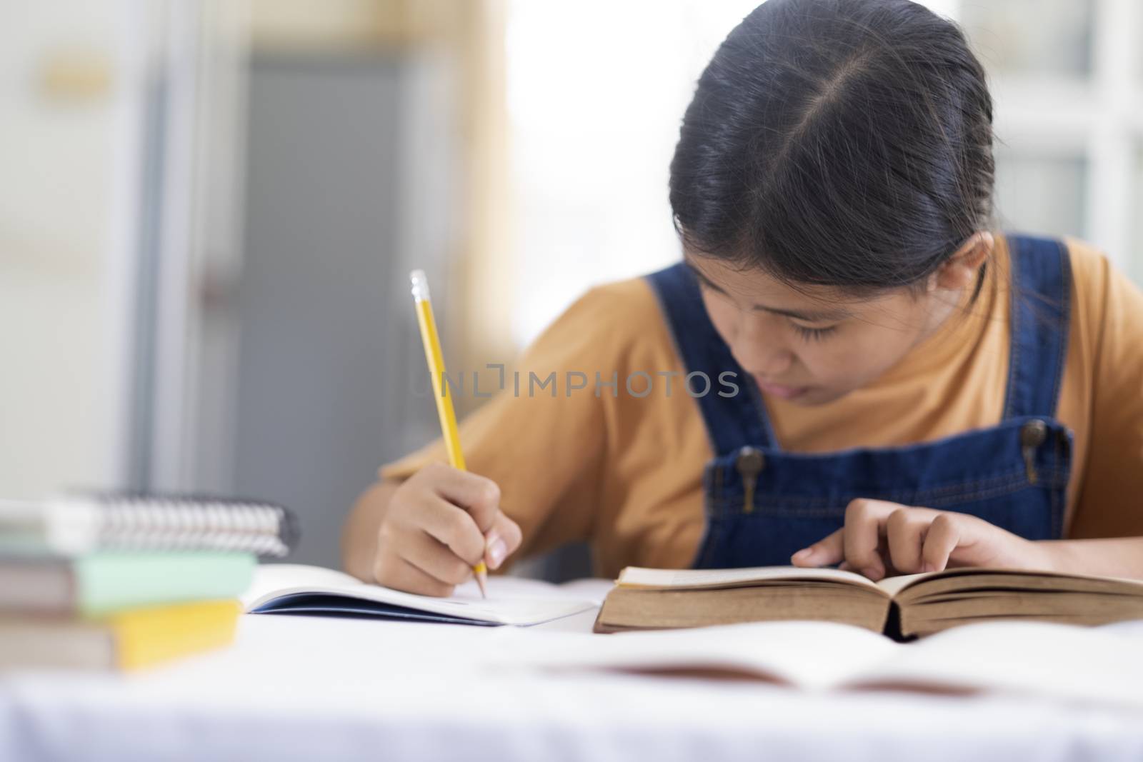 Asian girl reading and doing homework at her home. Education and self learning concept. 