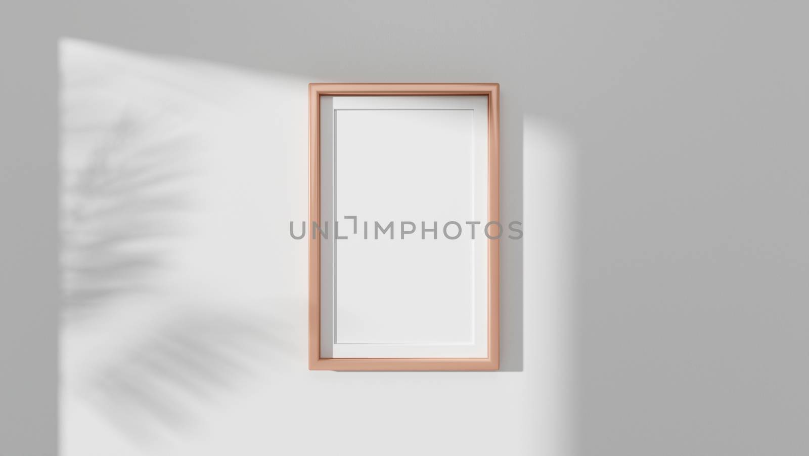 Poster mock up with vertical pink gold frame on wall in room. 3D rendering. 