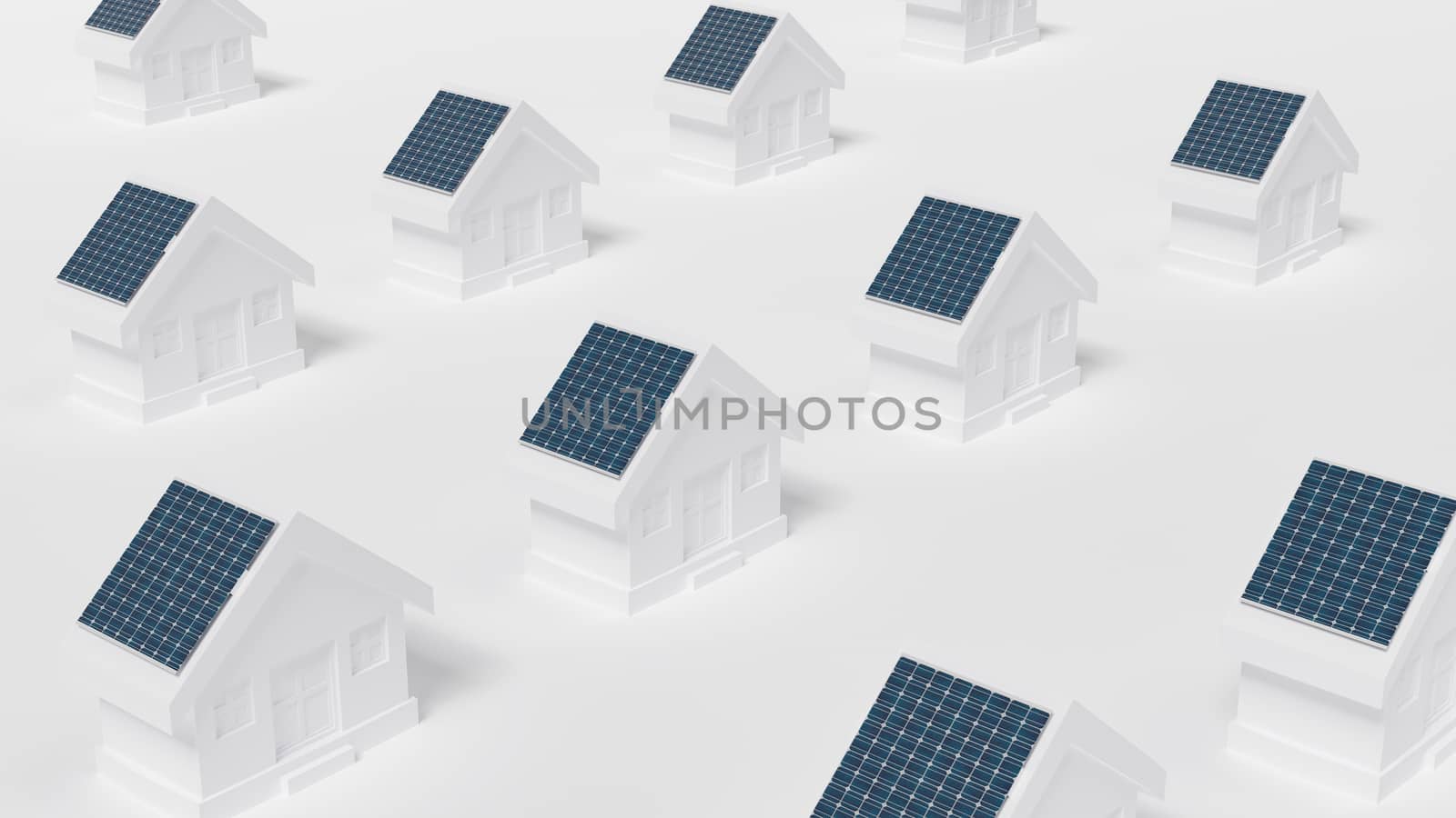 Green energy and clean ecological energy concept.  Solar house s. 3D Rendering.  