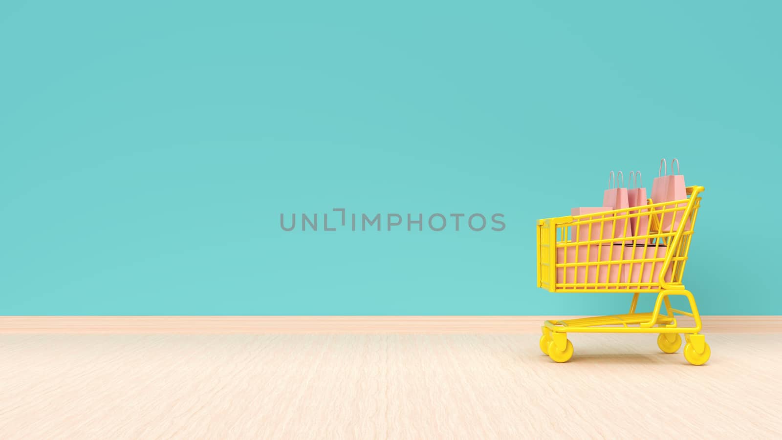 Online shopping concept. Shopping cart with bags and boxes on mint green wall background. 3d illustration.