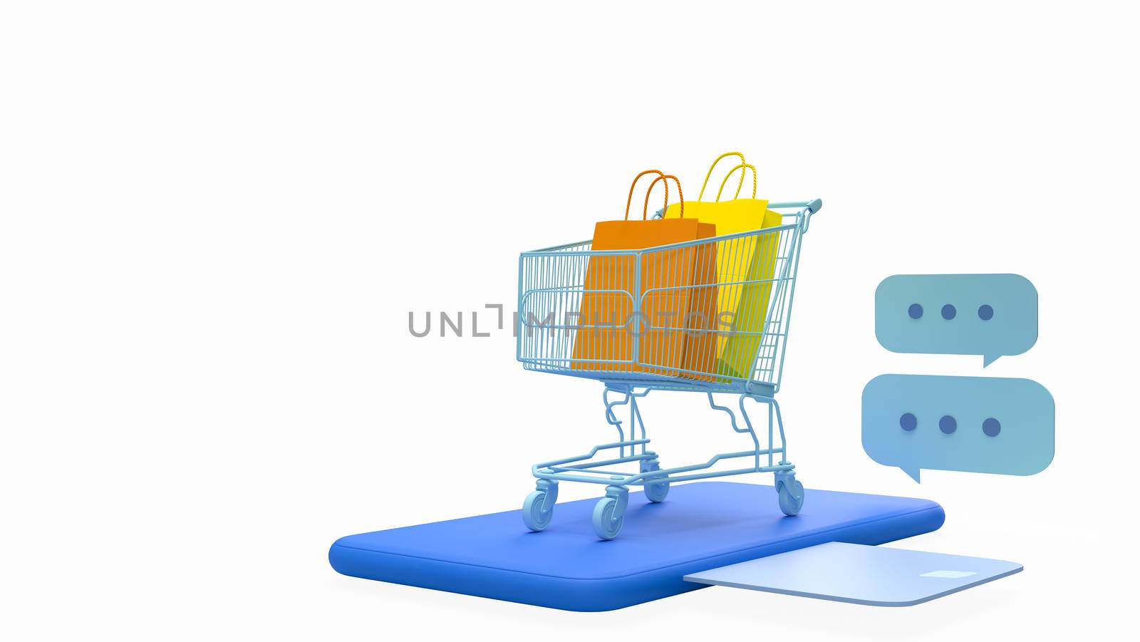 Smartphone with shopping bag, credit or debit card for Online shopping concept. 3D Rendering.