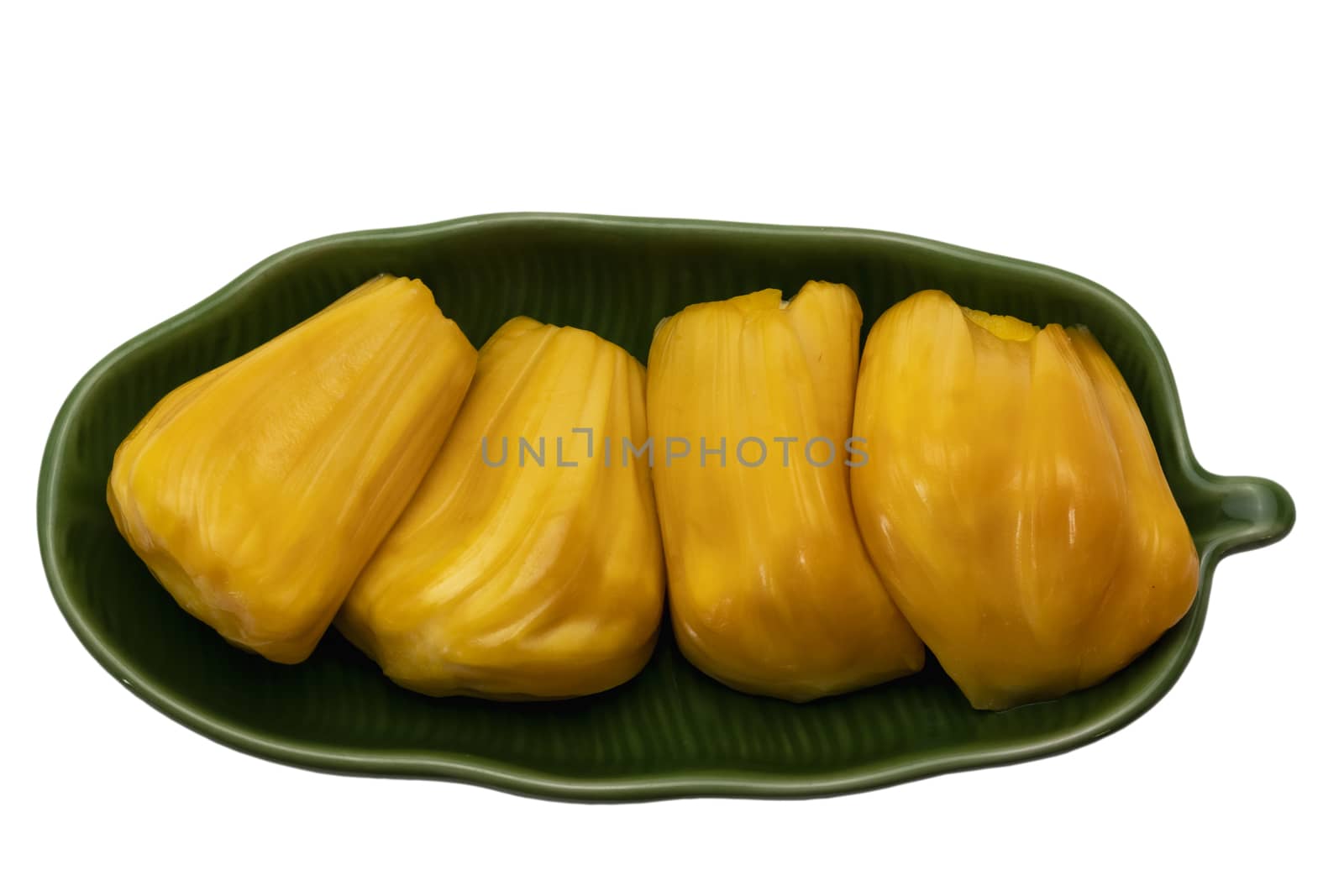 Jackfruit ripe yellow fruit flesh in green plate isolated on whi