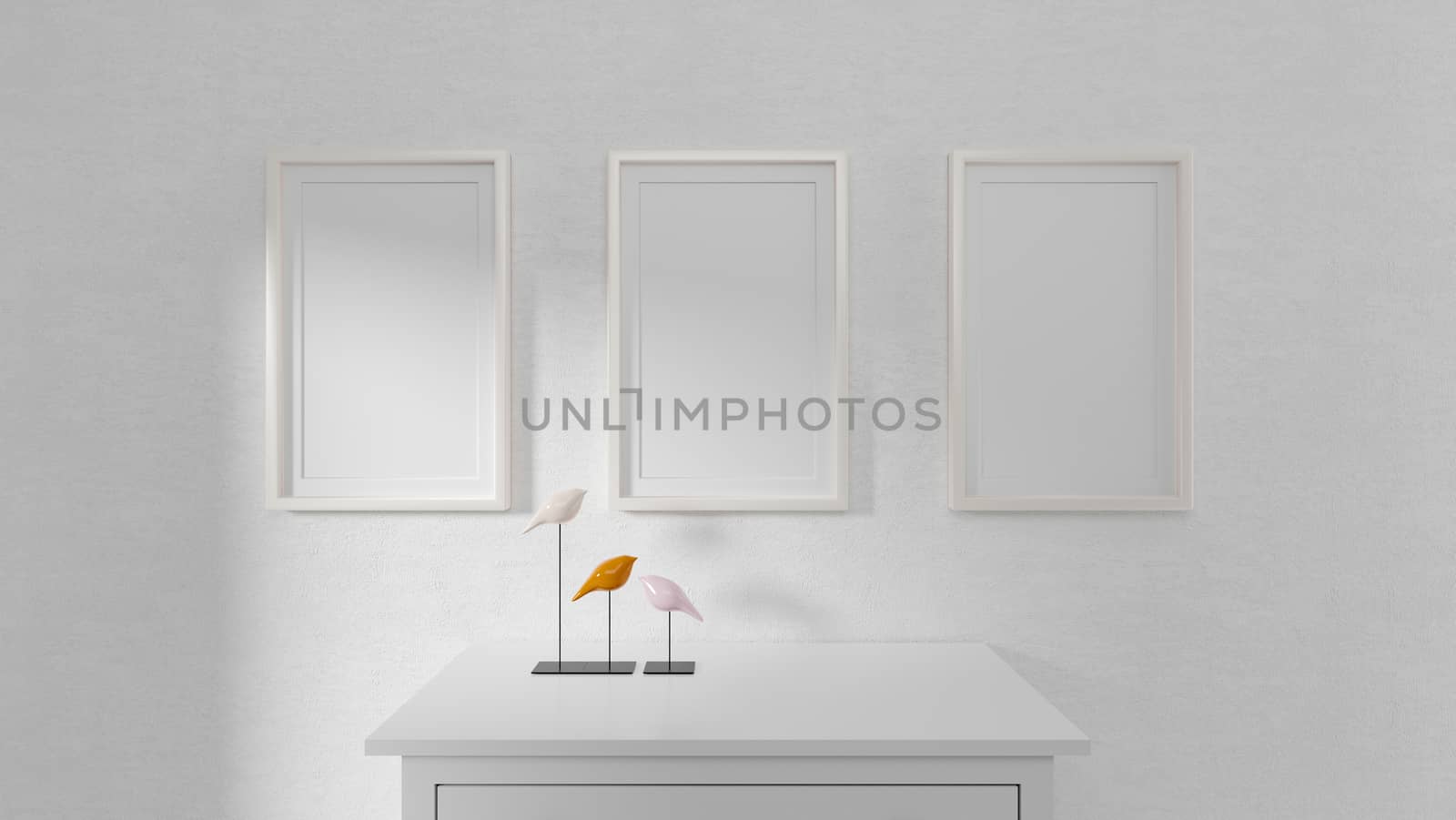 Poster mock up with vertical white frames on wall in room. 3D rendering. 