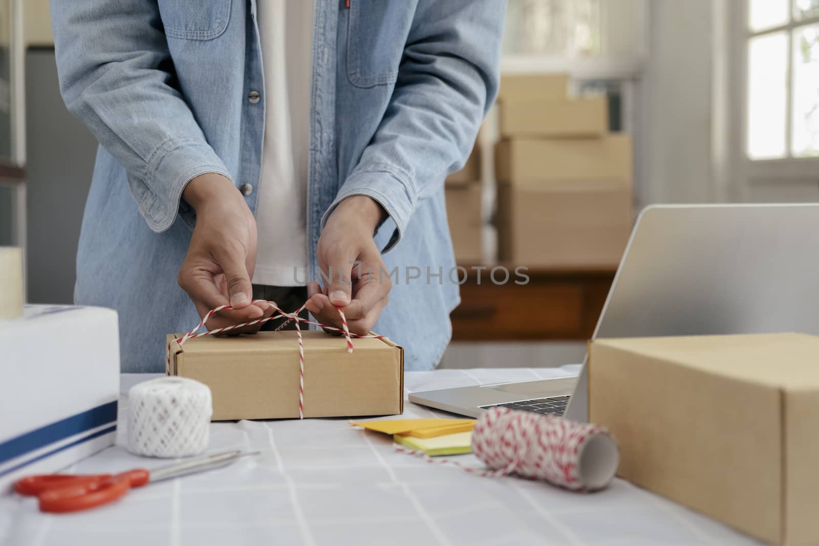 Online small business owner. Young startup entrepreneur online small business owner working at home, packaging and delivery situation. 