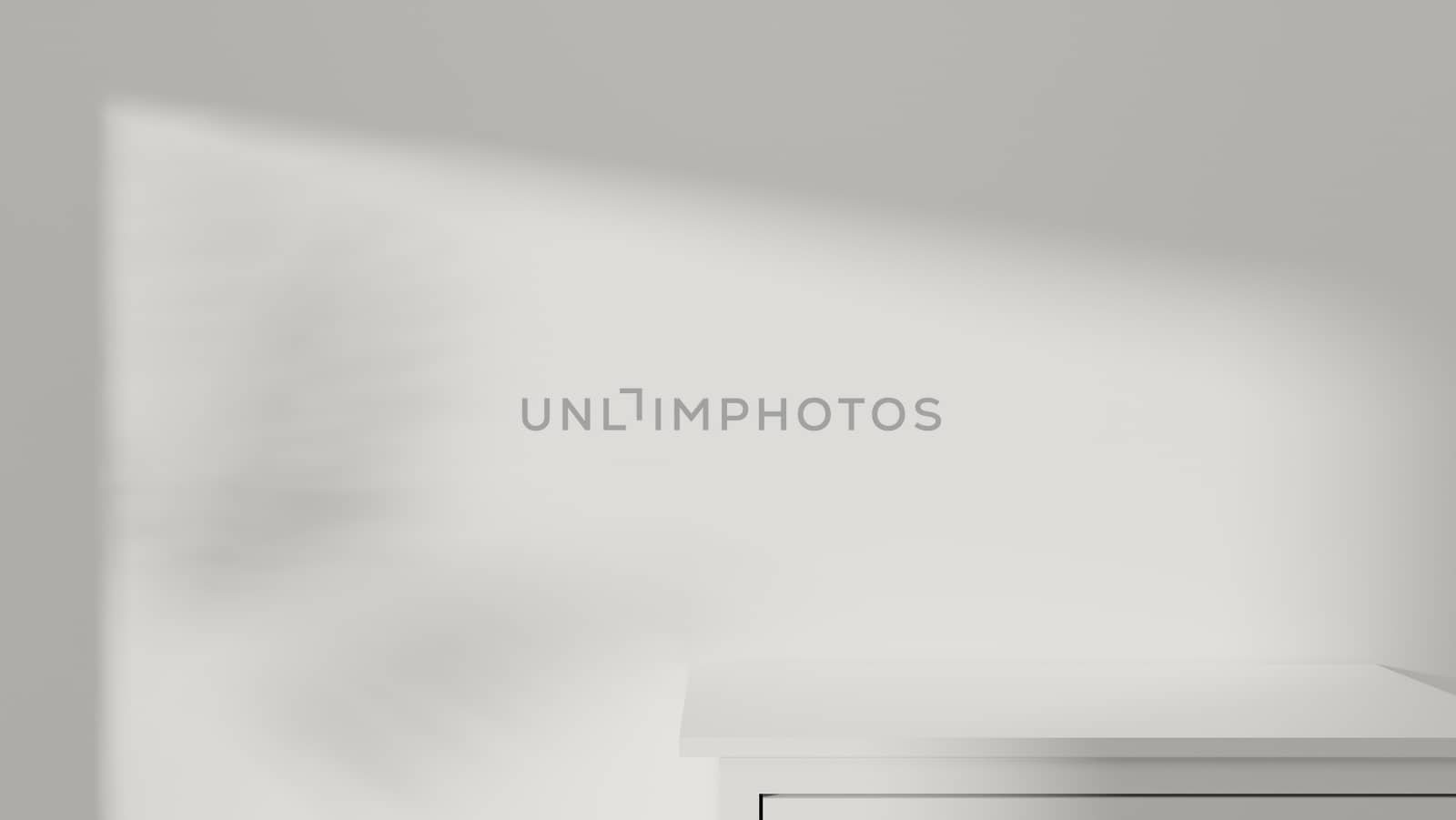 Copyspace white wall and empty table in the room. Abstract architecture white room interior. 3D render.