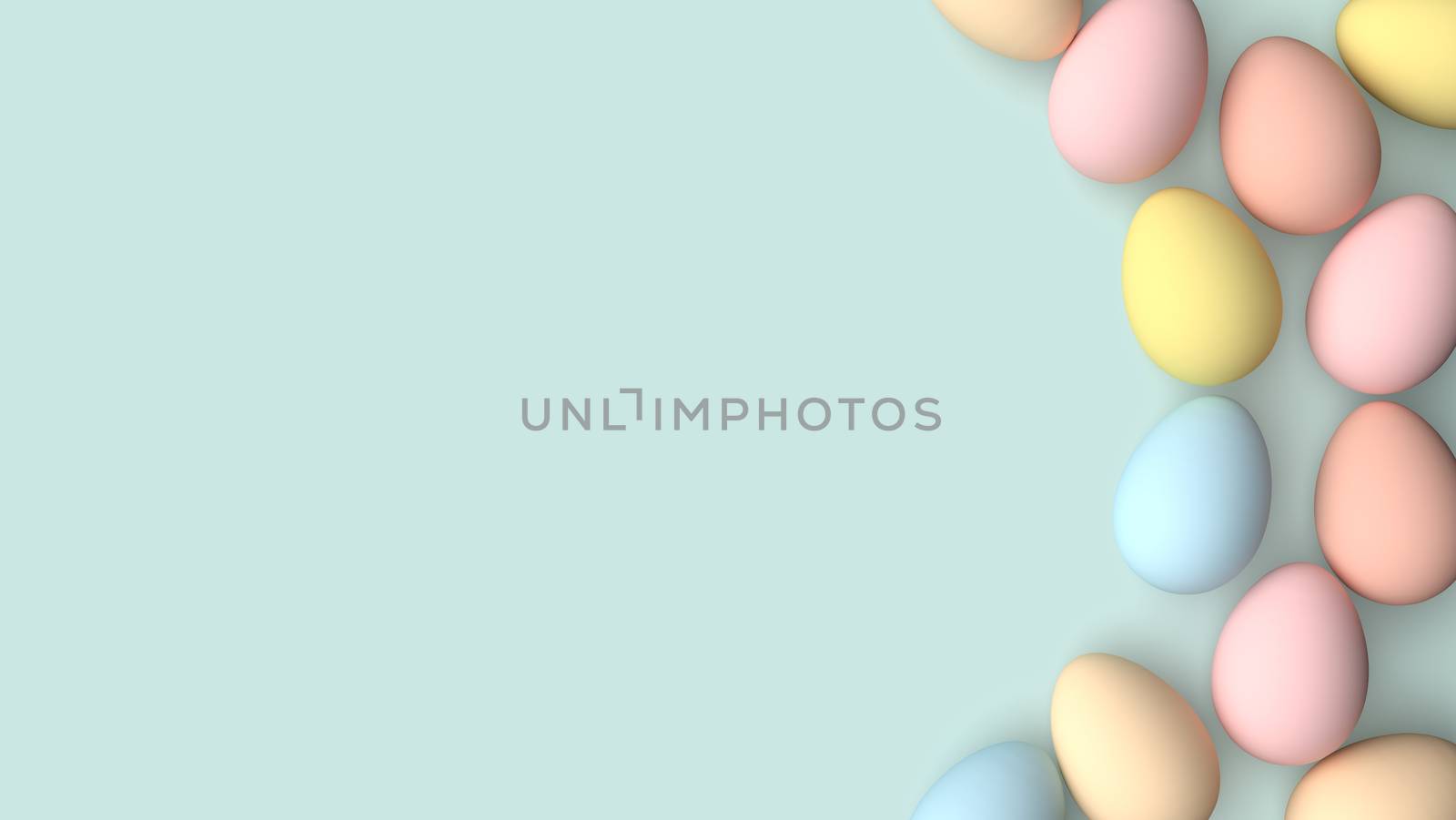 Easter eggs painted in pastel colors on a pastel green  background. Easter background concept- 3d illustration.