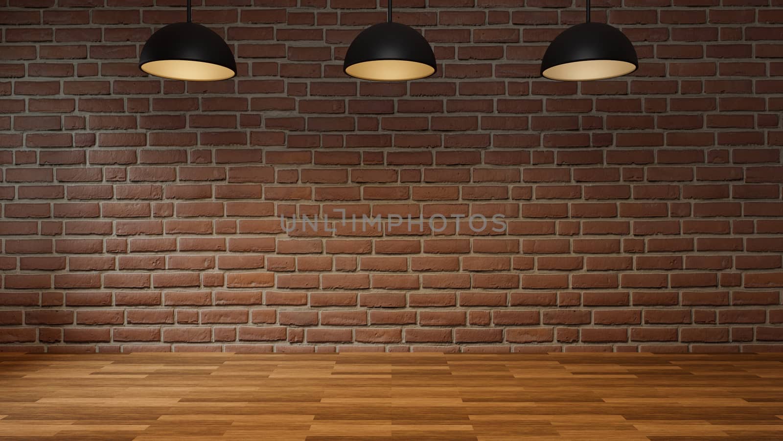 Empty room with brick wall wooden floor and modern ceiling lamp. Interior loft style, 3D Rendering.