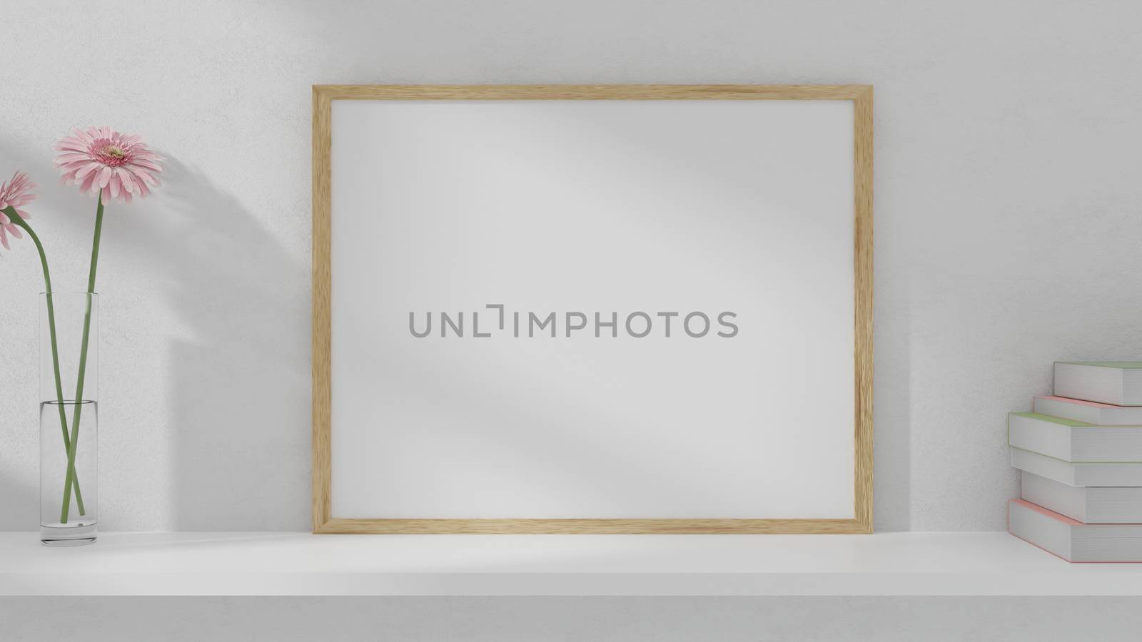 A blank picture and poster frame set on a shelf on the wall. 3D rendering.