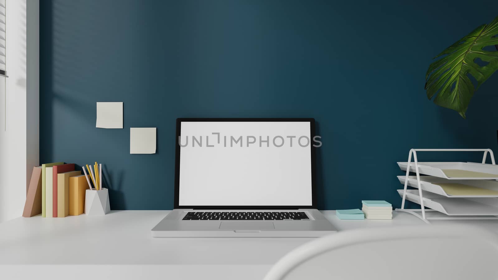 Mockup blank white screen computer laptop on working table at home office. Workspace with laptop and office supplies. 3D Rendering.
