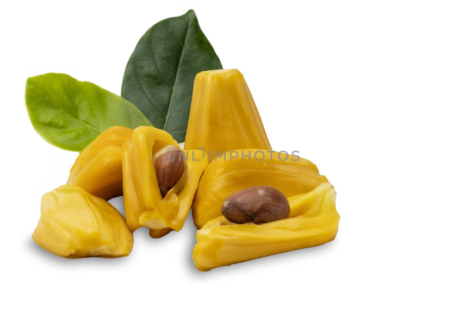 Jackfruit ripe yellow fruit flesh and green leaf isolated on whi by Khankeawsanan