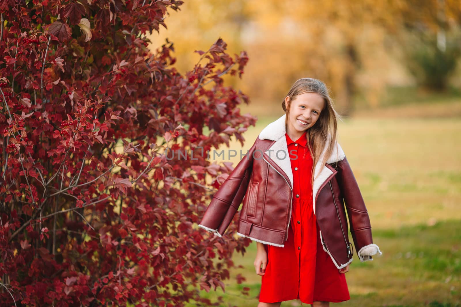 Adorable little girl at beautiful autumn day outdoors by travnikovstudio