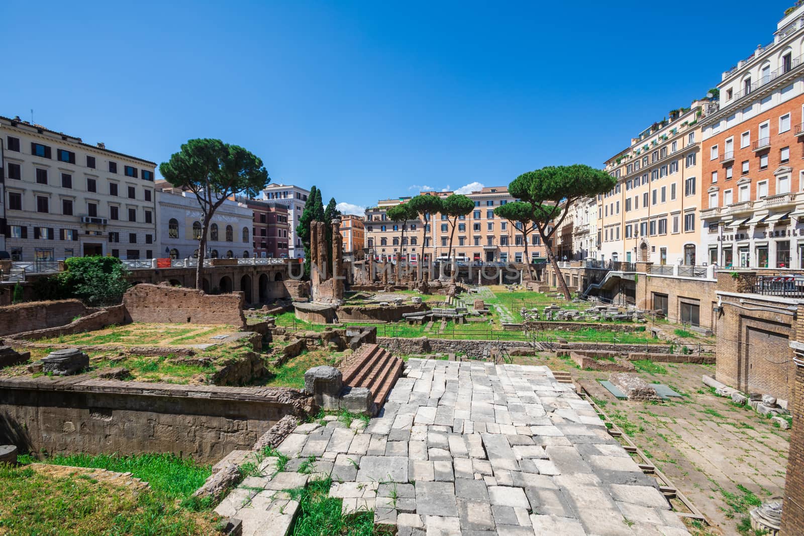 Rome, Italy. May 25, 2020: Largo di Torre Argentina, square in Rome Italy with four Roman Republican temples and the remains of Pompey's Theater. Archeological area.