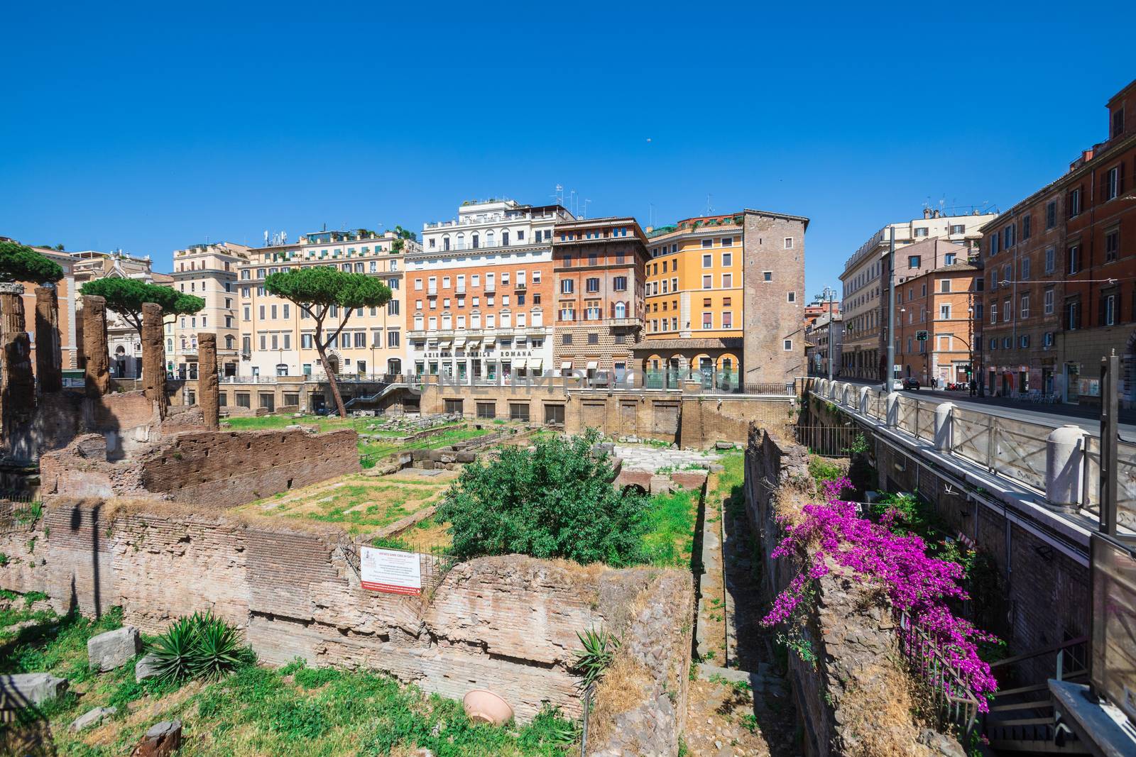 Rome, Italy. May 25, 2020: Largo di Torre Argentina, square in Rome Italy with four Roman Republican temples and the remains of Pompey's Theater. Archeological area.