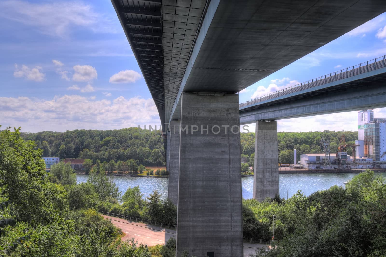 Different views at and from the big Kiel canal bridge in northern germany.