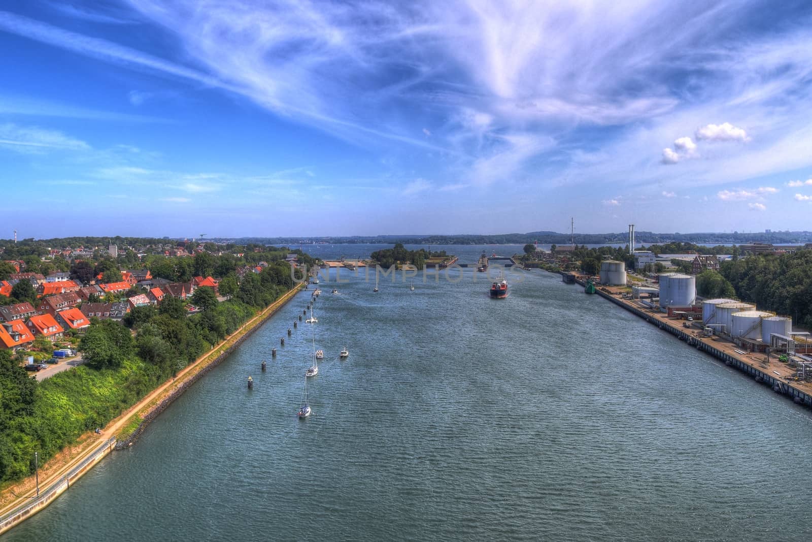 Different views at and from the big Kiel canal bridge in northern germany.