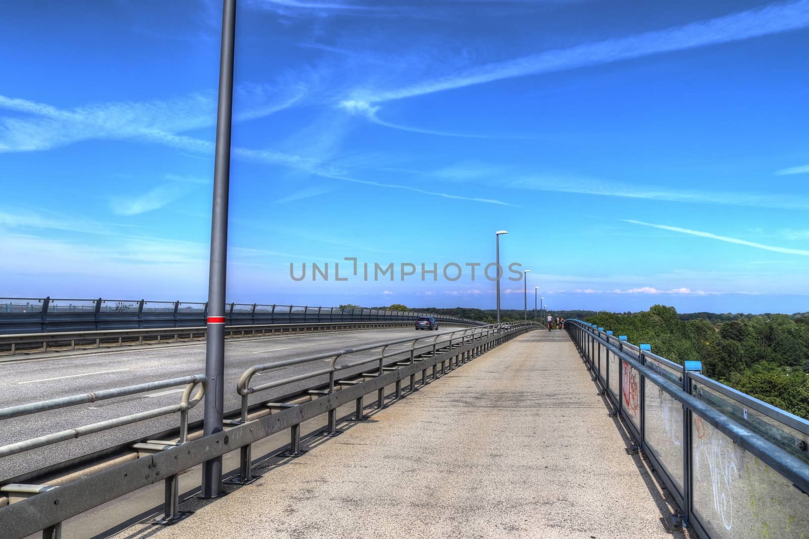 Different views at and from the big Kiel canal bridge in northern germany.