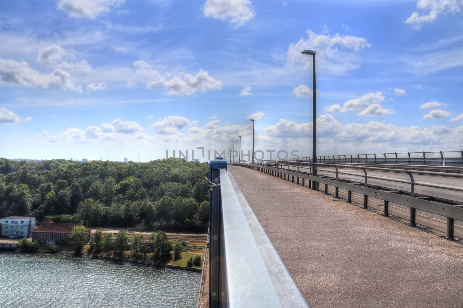 Different views at and from the big Kiel canal bridge in northern germany.