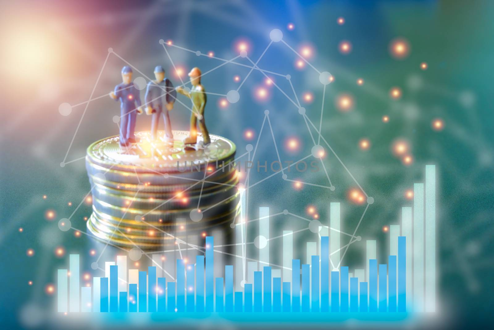 Miniature people teamworks, small model human figure standing on golden coins stack with blue and white graph. Cryptocurrency or digital money concept.