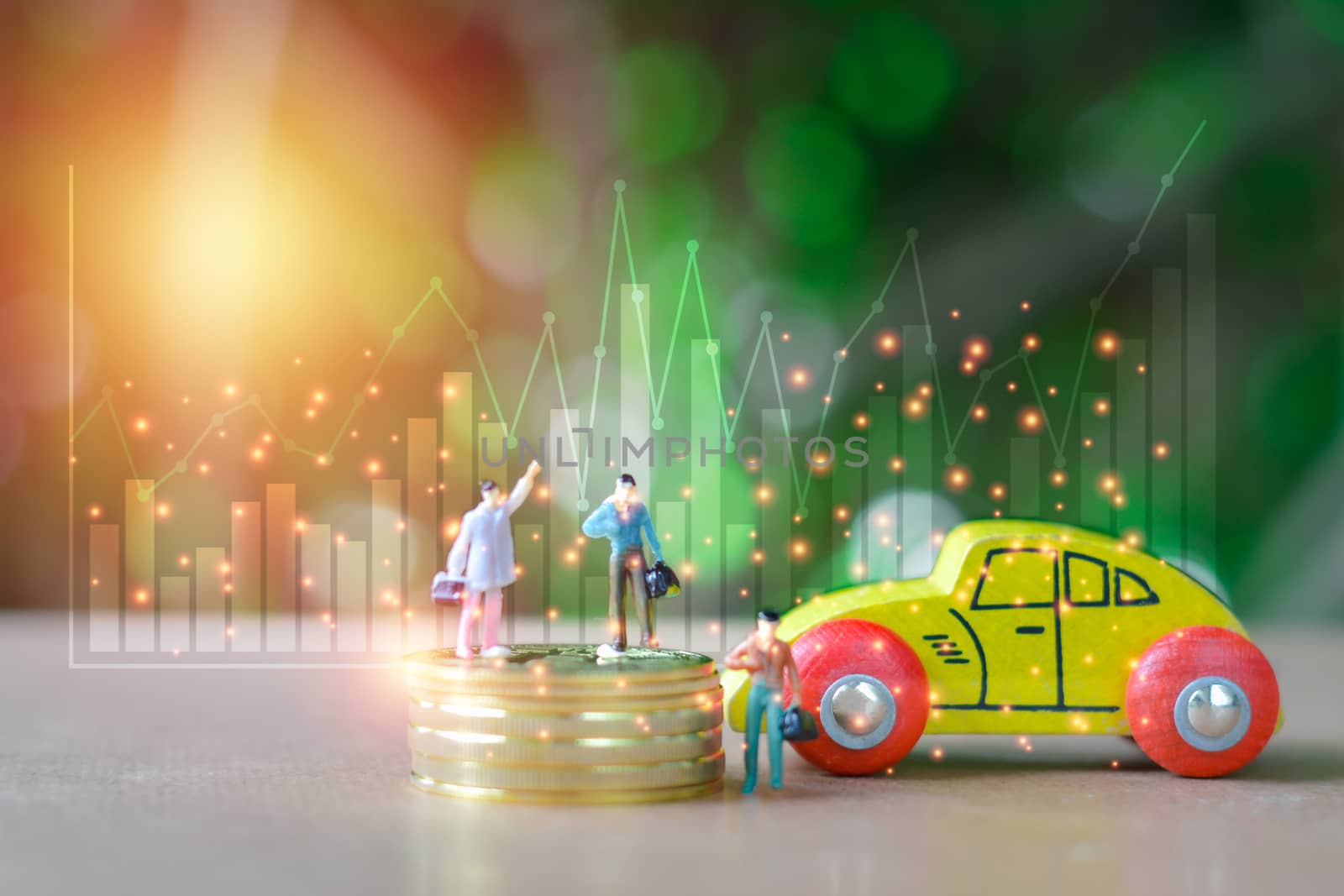 Group of business man Miniature people, small model human figure sell or buy  wooden yellow car and stack of gloden coins and white graph with green bokeh background. Copy space for your text. Business and financial concept.
