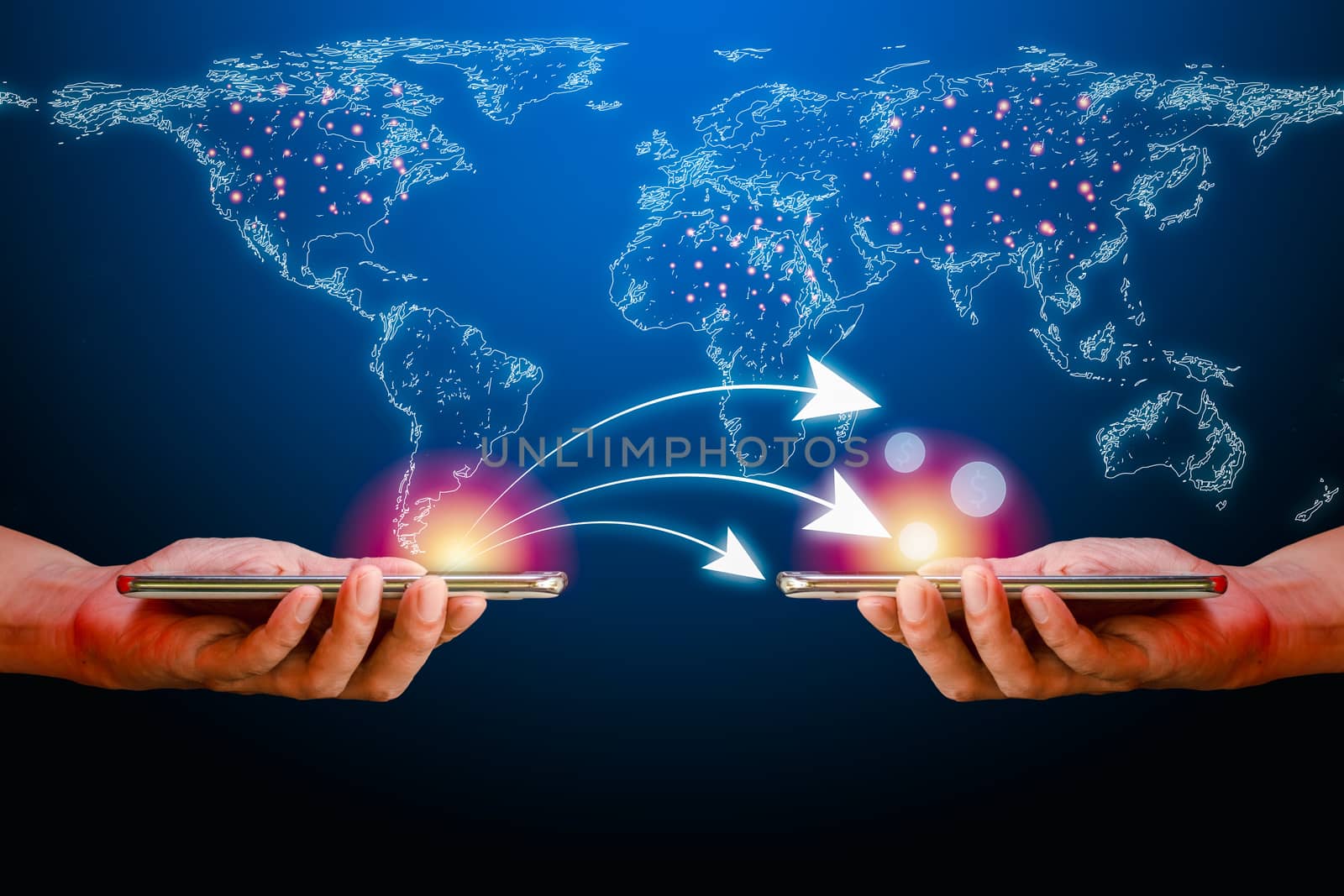 Hand holding smartphone with white curve graph and money from one device to another on a white world map and blue background. New normal of shopping online concept.