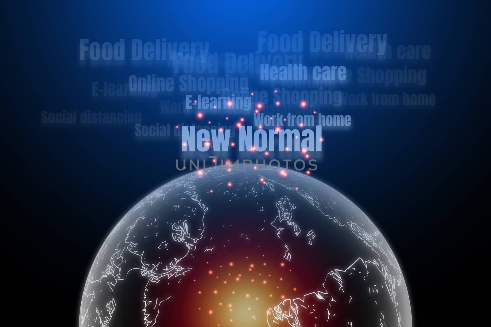 Transparent earth with white word of social distancing, food delivery, shopping online, and health care with orange light on blue and black technology background. New normal concept.