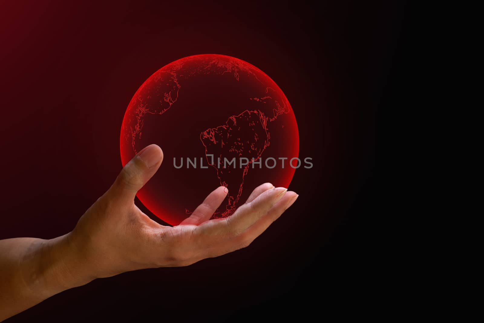 Global crisis concept. Transparent red earth on human hand on red and dark background. with copy space. World critical warming, corona virus from human. 
