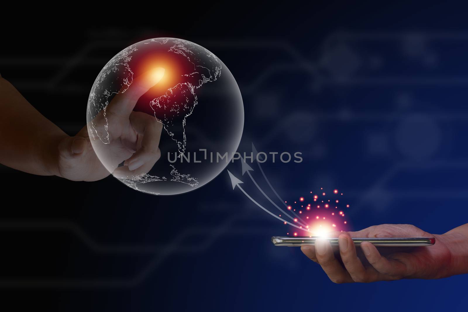 Communication and network concept. Hand touching on transparent earth and hold smartphone with white arrow on blue technology background. 