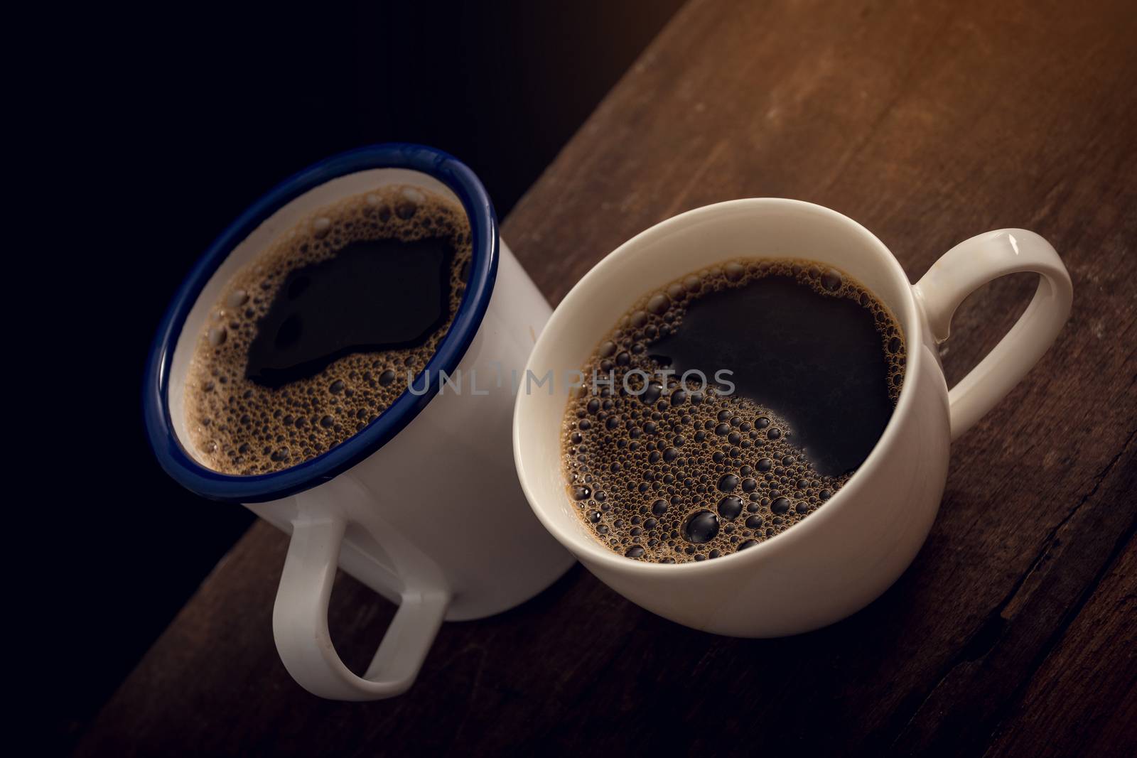 Cup of coffee on old wooden table