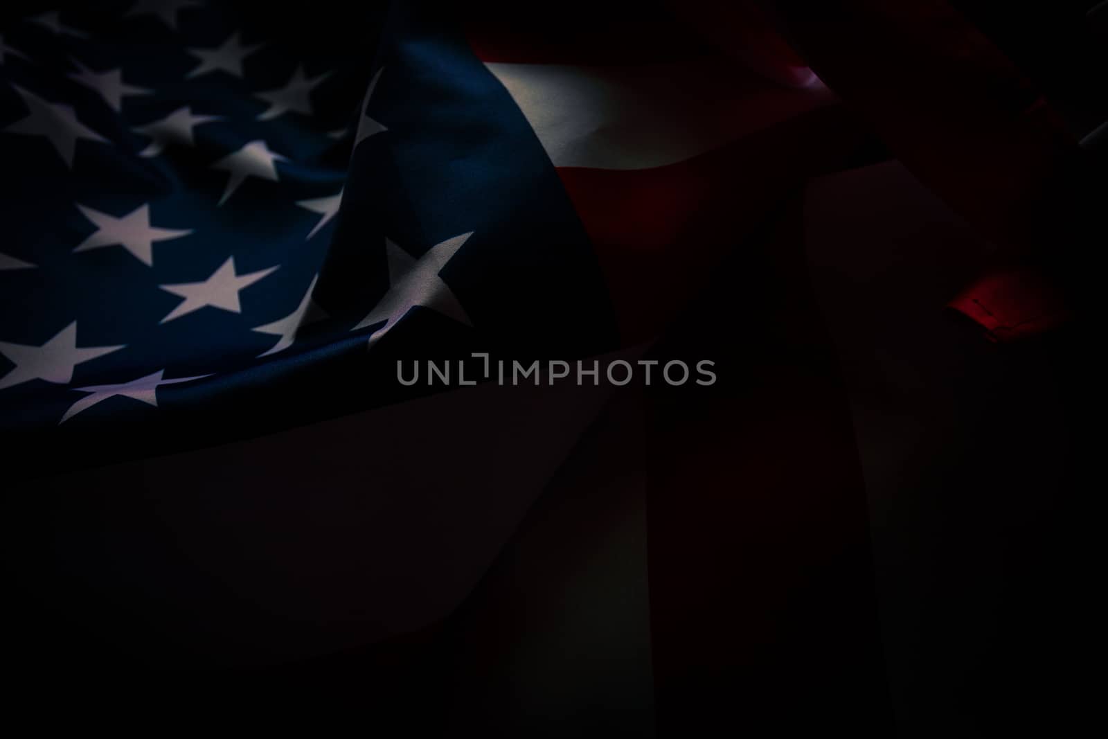 Close-up american flag, USA flag background with copy space. Top view, Dark tone