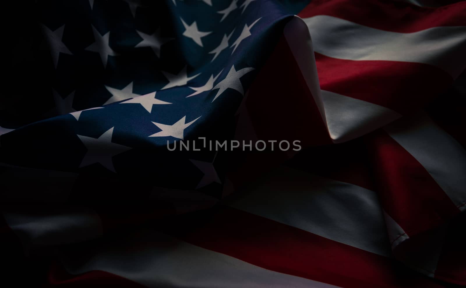 Close-up american flag, USA flag background with copy space. Top view, Dark tone