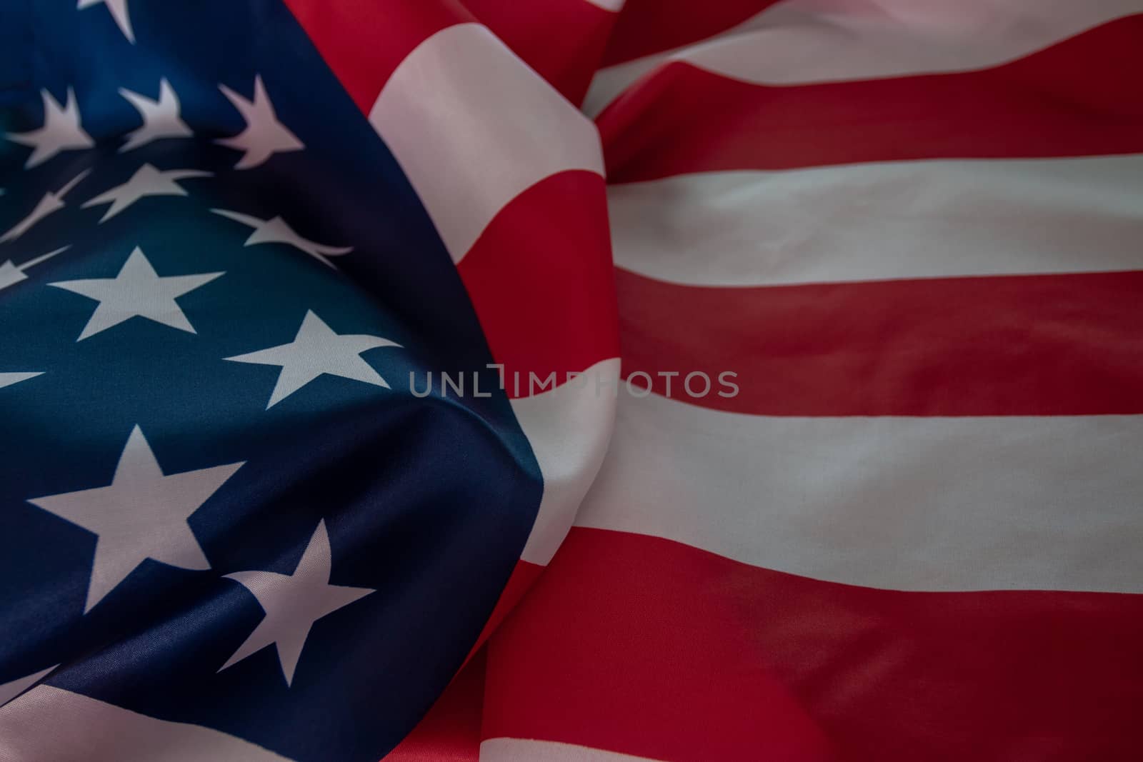 Close-up american flag, USA flag background with copy space. Top view