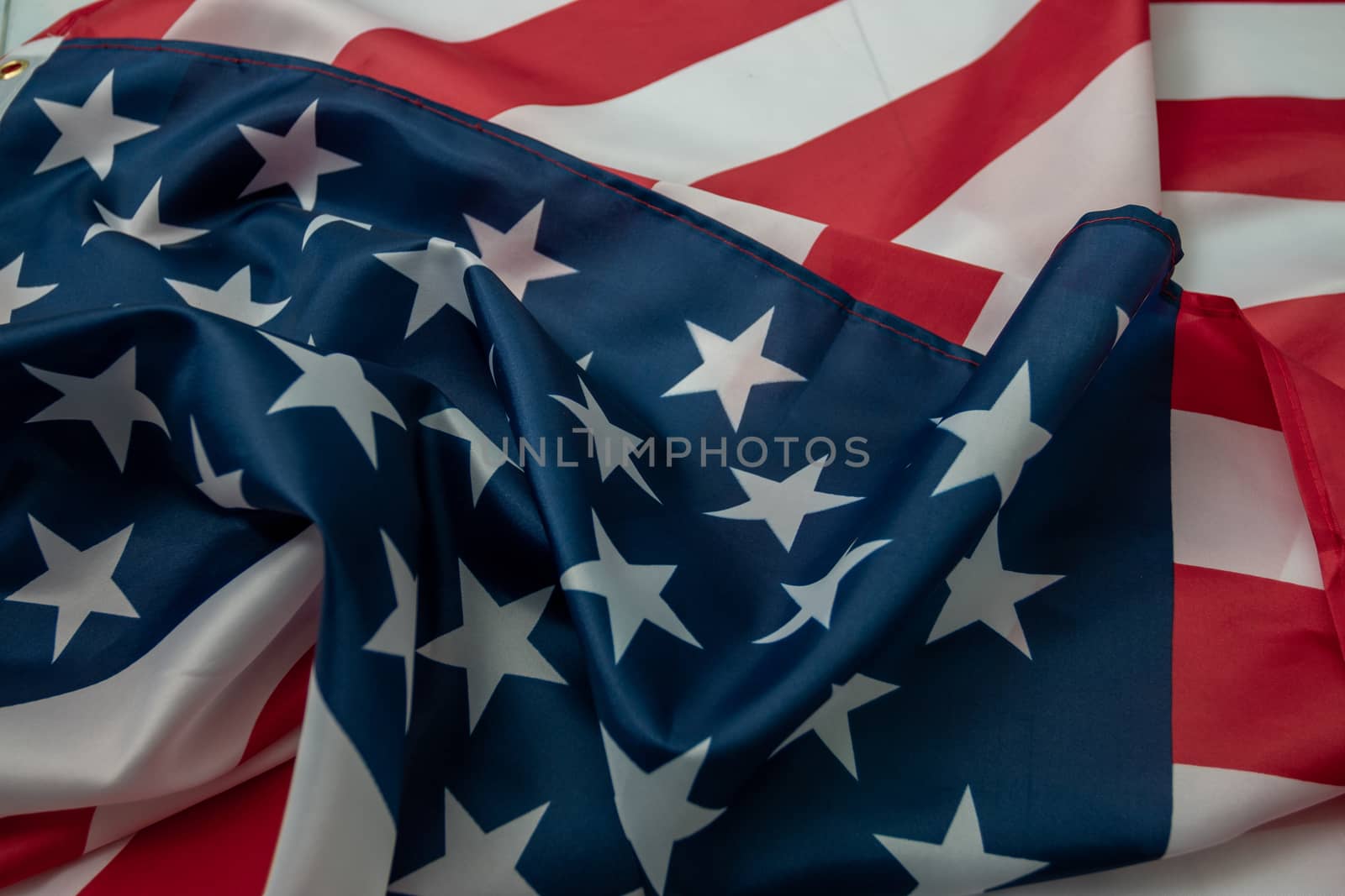 Close-up american flag, USA flag background with copy space. Top view