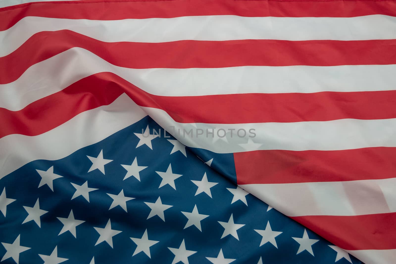 Close-up american flag, USA flag background with copy space. Top view