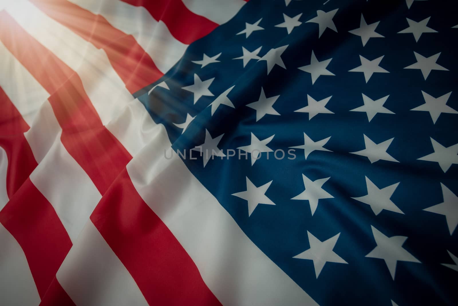 Close-up american flag, USA flag background with copy space. Top view