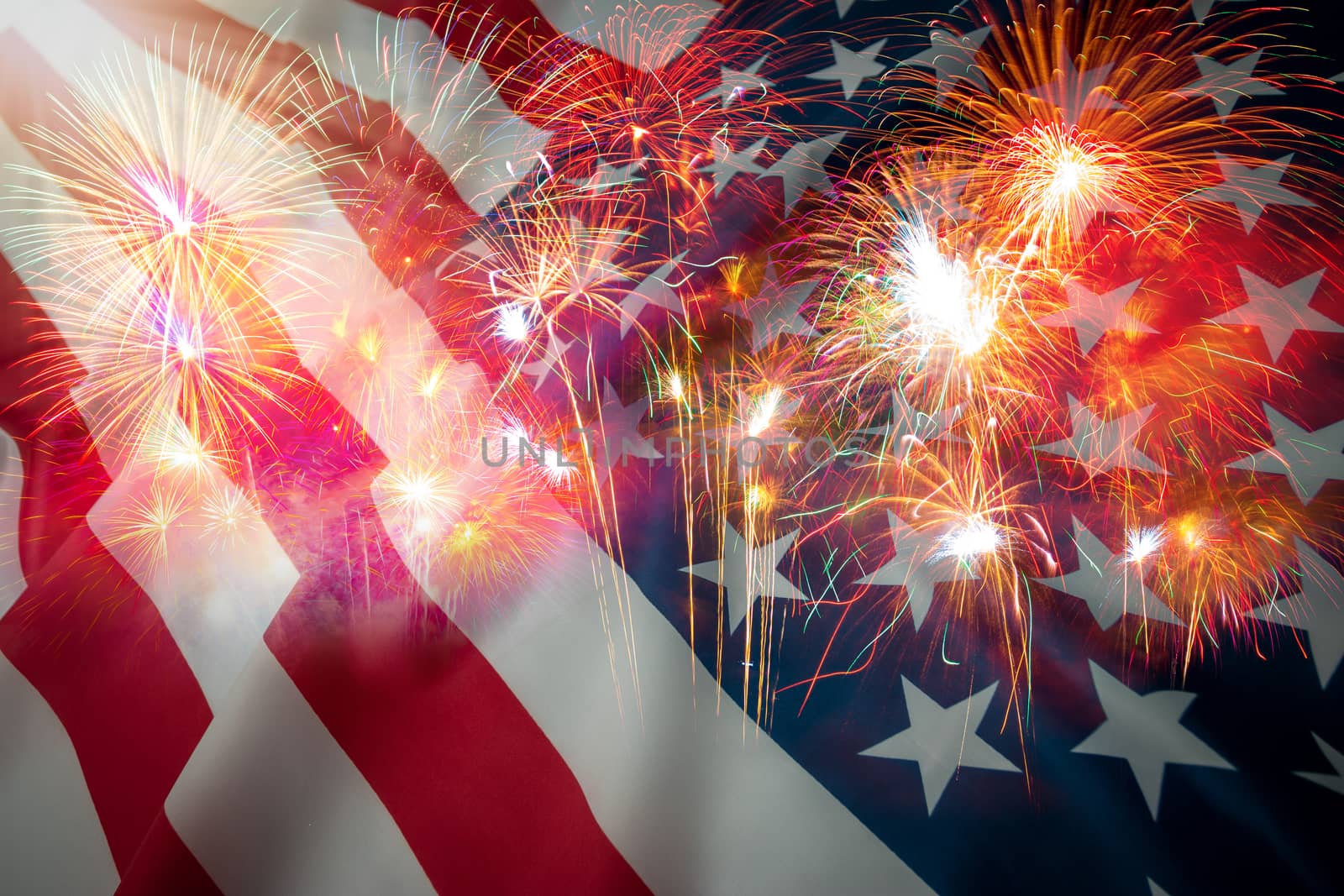Celebration concept, Double exposure American flag and fireworks.