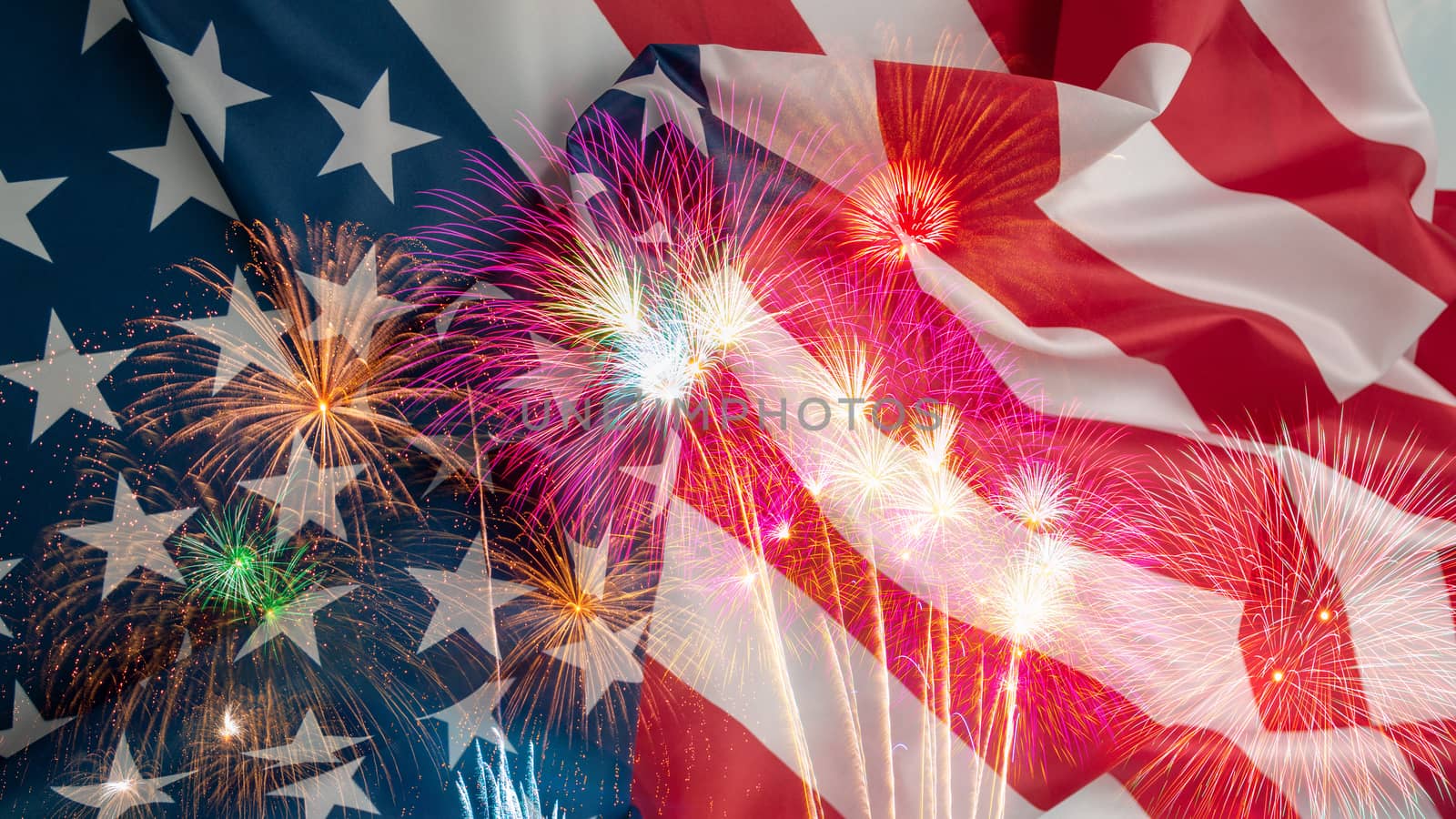 Celebration concept, Double exposure American flag and fireworks.