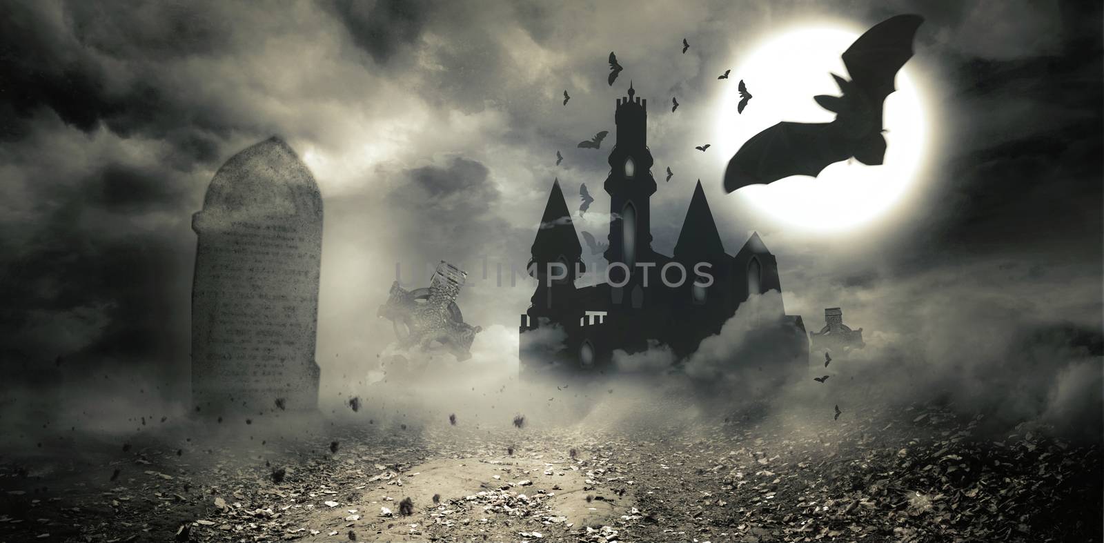 Digitally generated Bats flying to draculas castle